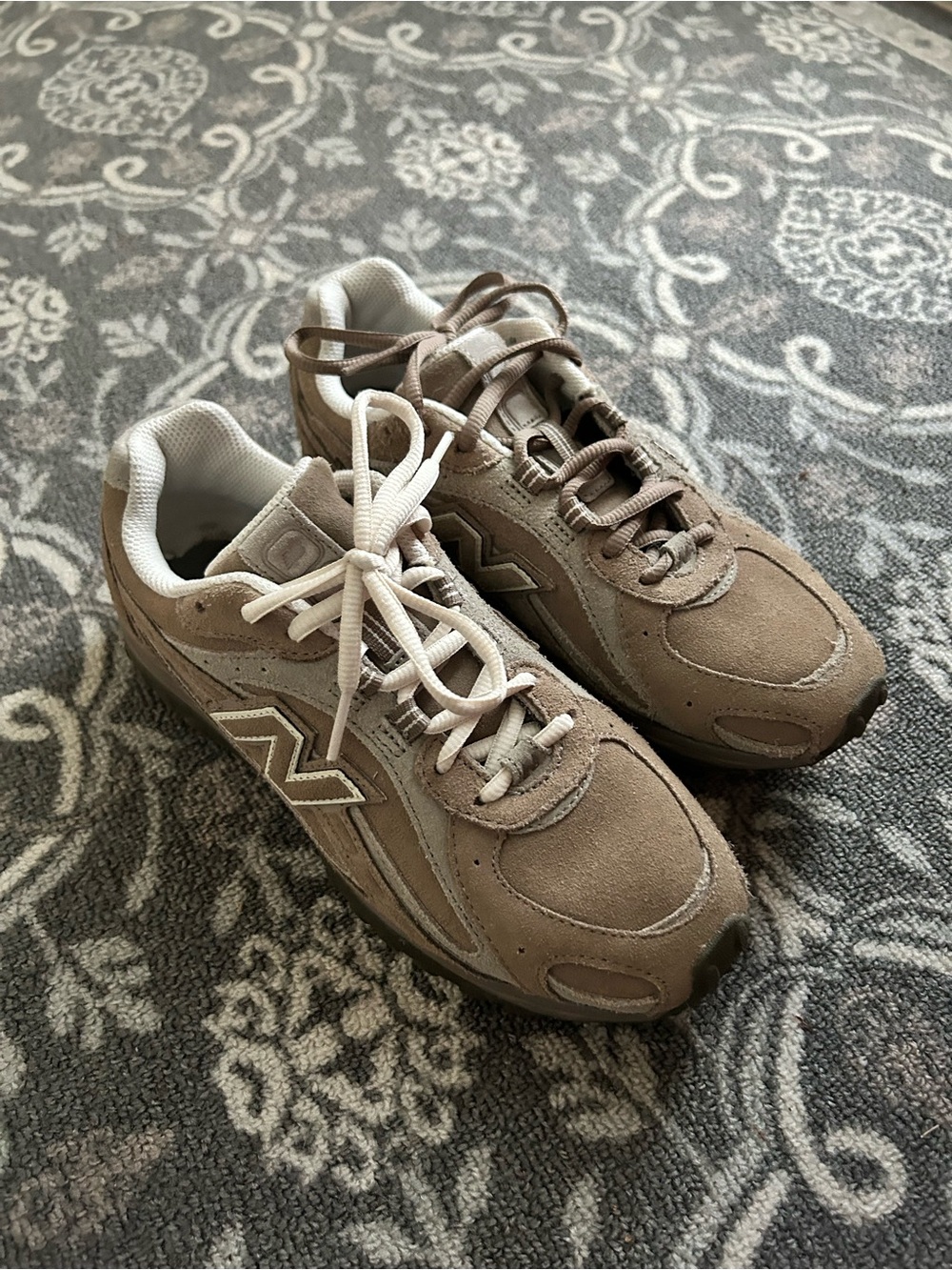 New Balance Women's Taupe Suede Sneakers with Cream Accents